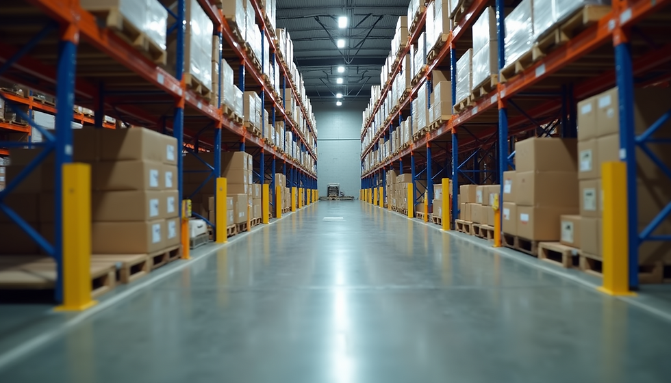 Wide warehouse aisle with tall shelves filled with boxes on pallets. Orange and blue shelving, gray concrete floor, and bright lighting.