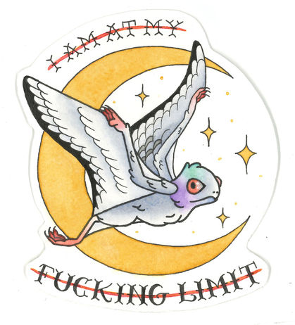 an illustration of Anurognathus Ammoni and a crescent moon, with text that reads "I am at my fucking limit"