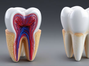 Two large teeth on a gray background; one cross-sectioned showing red and blue nerves, the other intact. Glossy white enamel, realistic detail.