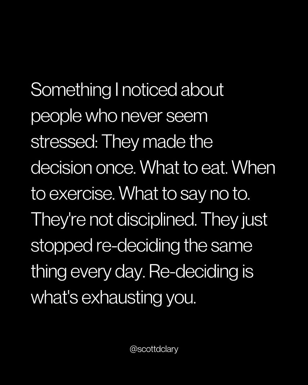 White text on a black background discusses stress, decision-making, and discipline. The mood is reflective. Text: @scottdclary.