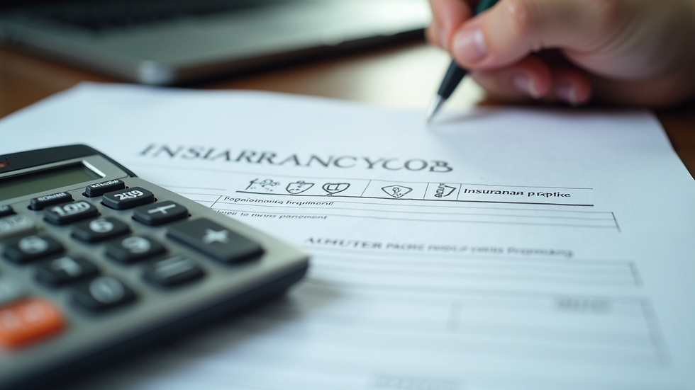 Close-up view of insurance policy documents and a calculator on a desk
