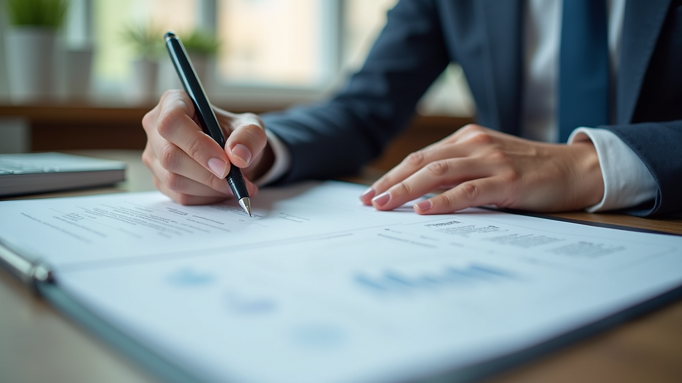 High angle view of a person reviewing health insurance documents with a pen