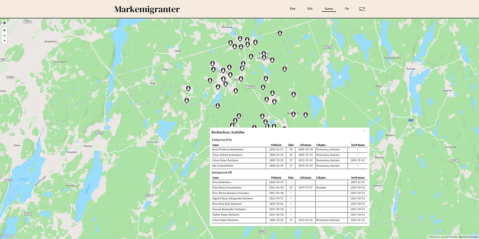 Kartan över Älekulla och där folket emigrerade ifrån