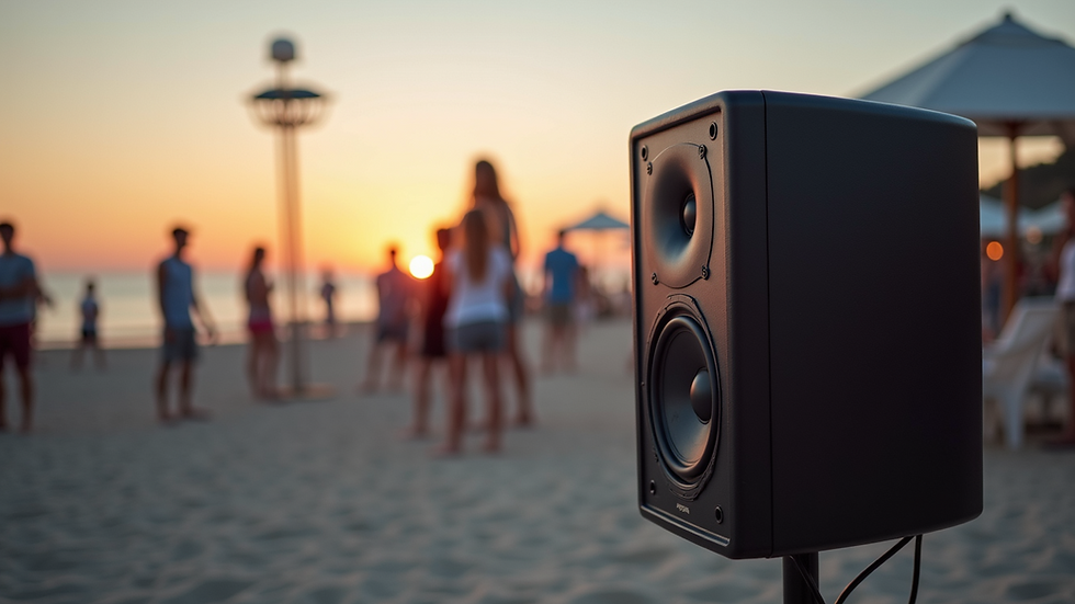 Eye-level view of a speaker set up at a beach party