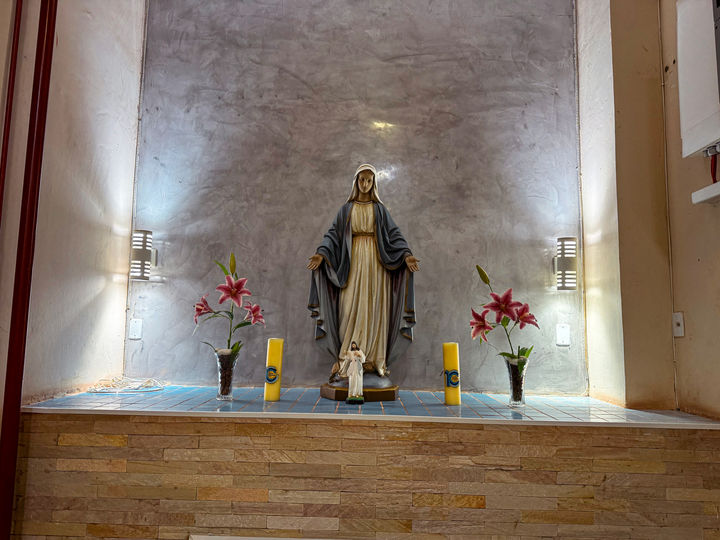 Estátua da Virgem Maria em altar com velas e lírios