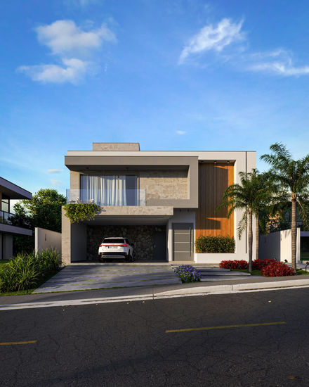 Casa moderna de um andar com telhado plano, fachada de concreto e vidro, janela grande com cortinas translúcidas. Porta branc