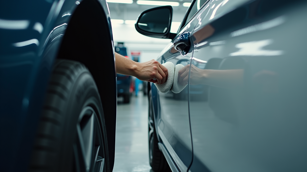 Eye-level view of a professional detailer polishing a car door