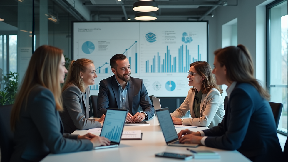 Eye-level view of a modern office with startup team discussing financial charts