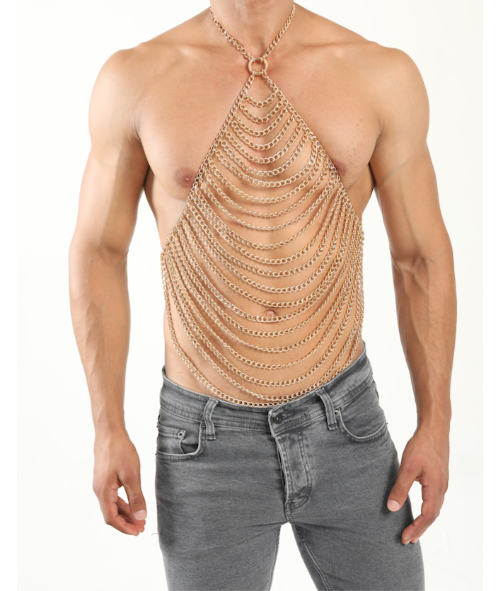 Thumbnail: Body chain harness men Gold bodychain man harness men jewelry Larp Vikin