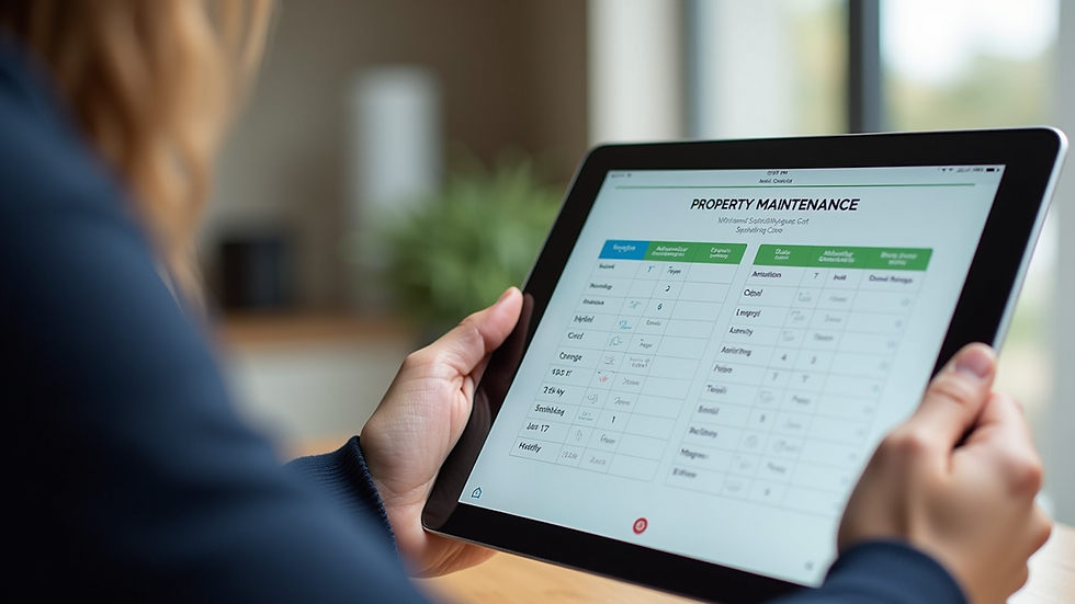 Close-up view of a digital tablet showing a property maintenance schedule