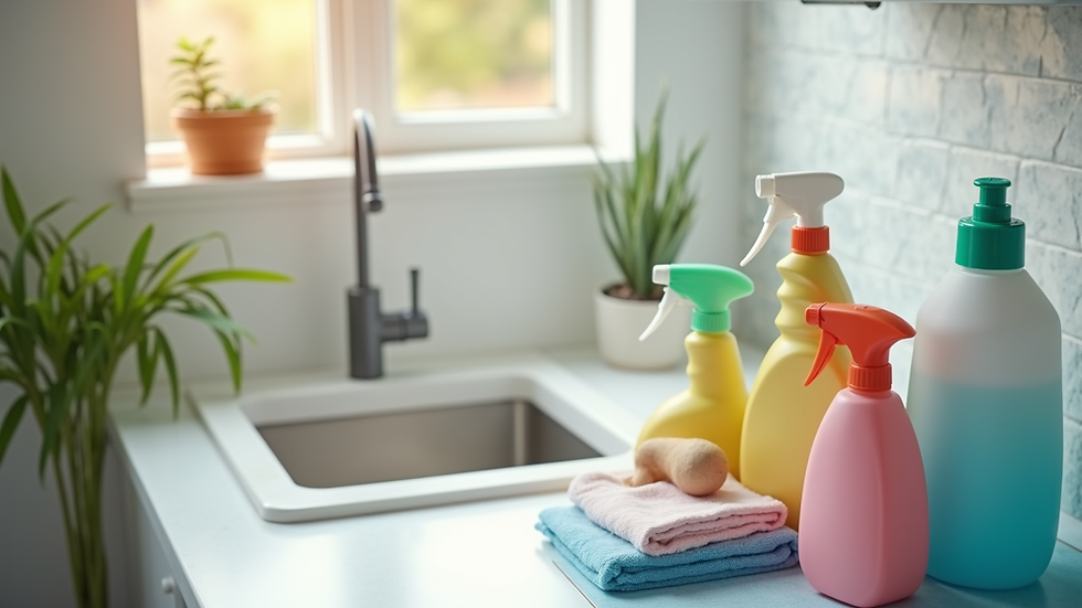 High angle view of cleaning supplies arranged neatly on a countertop