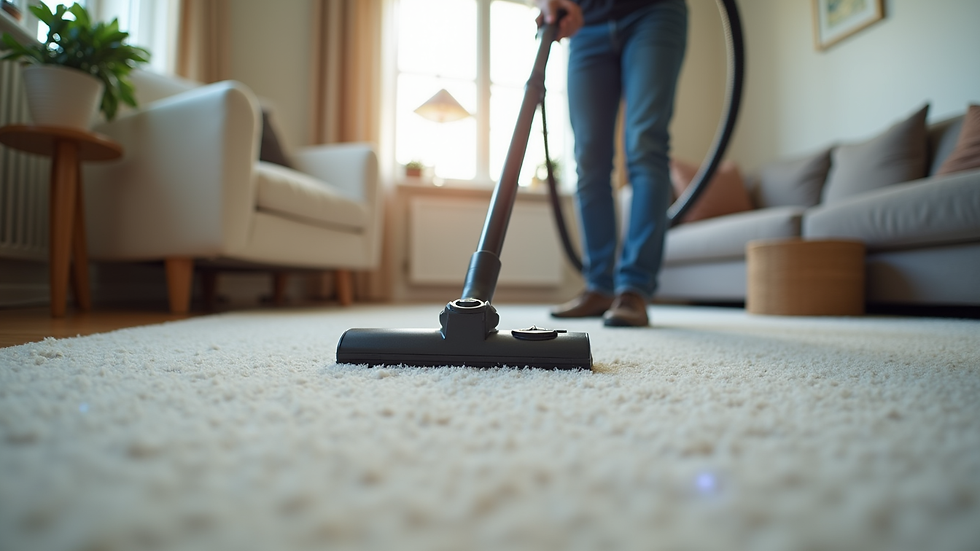 Eye-level view of a professional cleaner vacuuming a living room carpet