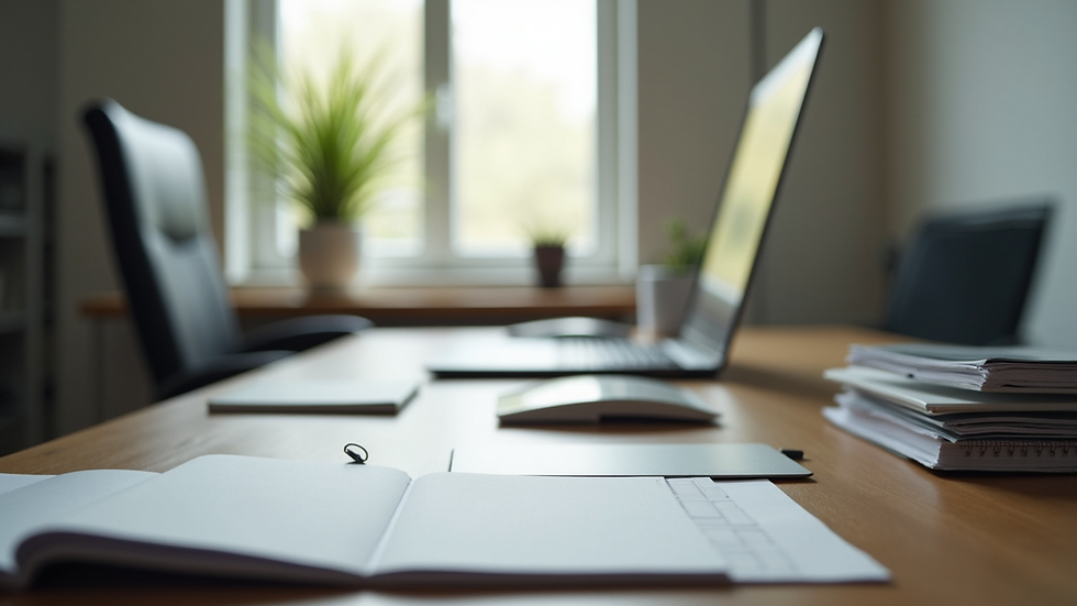Eye-level view of a clean and organized office desk with minimal clutter