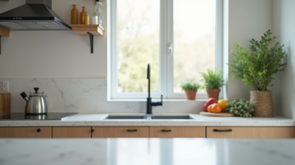 Eye-level view of a clean and organized kitchen countertop