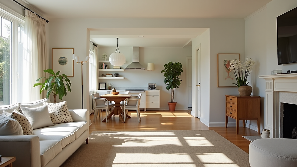 Eye-level view of a clean and organized living room in a Santa Cruz home