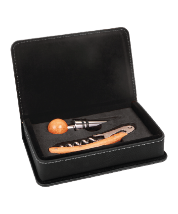 Thumbnail: Black/Gold Engraved Leatherette 2-Piece Wine Tool Set