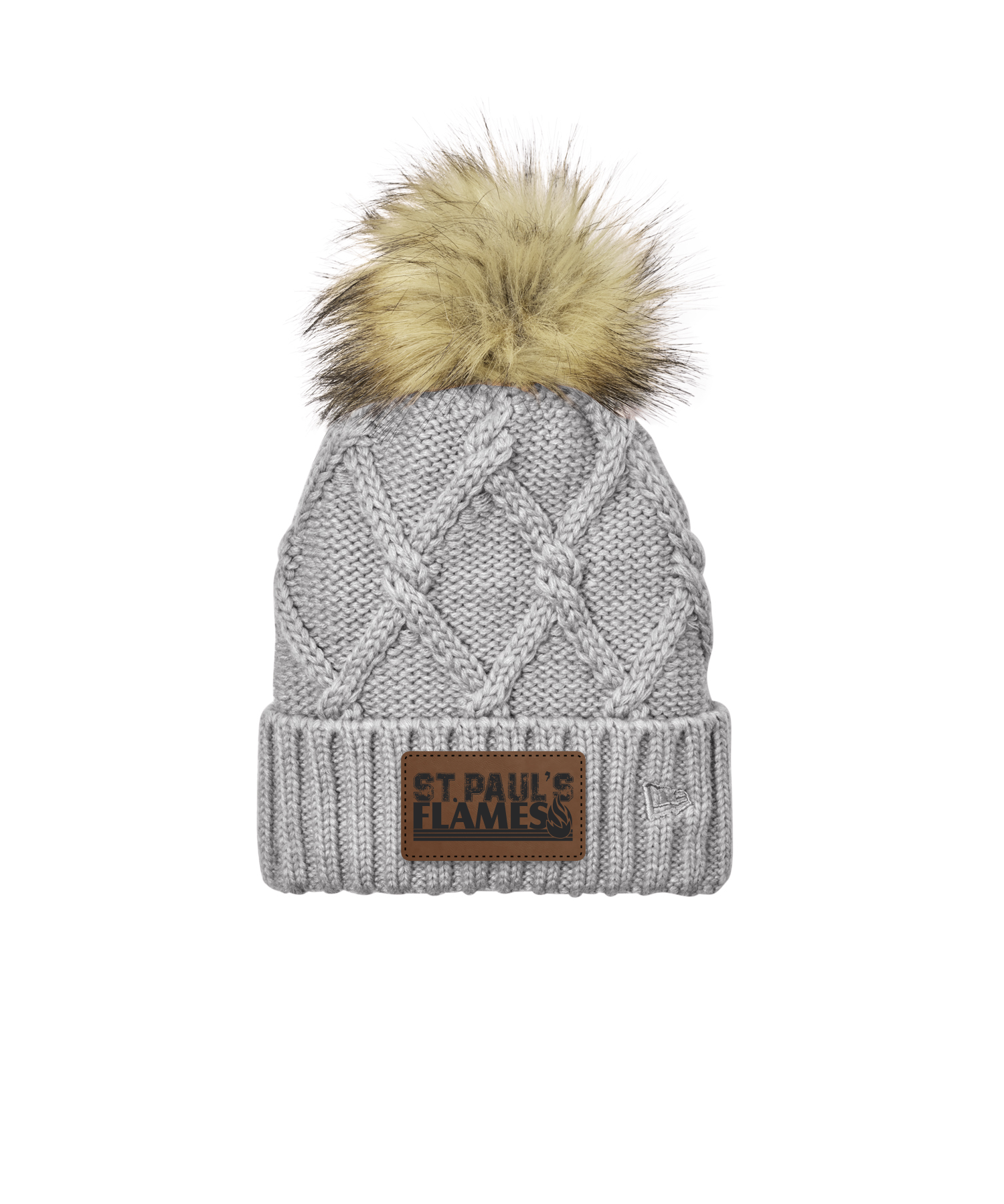 St. Paul's Embroidered Leatherette Patch New Era® Faux Fur Pom Beanie - Grey