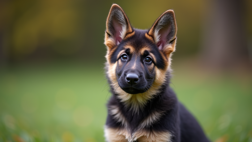 Eye-level view of German Shepherd puppy sitting attentively