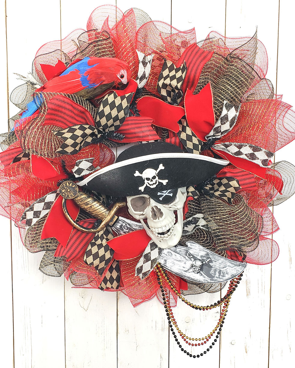Thumbnail: Gasparilla pirate wreath with skull wearing pirate hat, sword and parrot in red black and gold ribbons