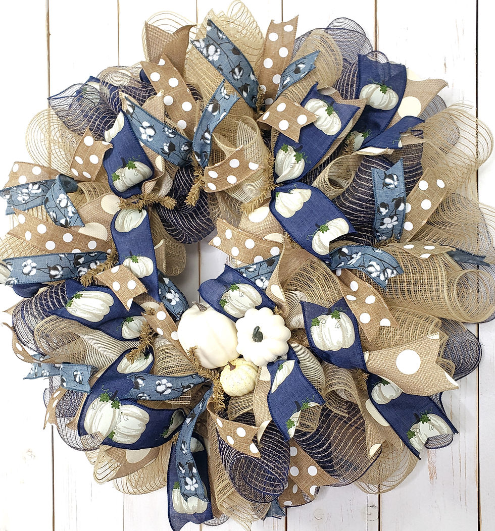 Thumbnail: Navy and White Pumpkin Fall Wreath