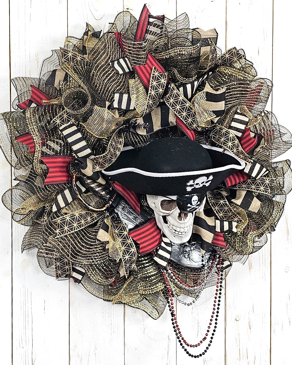Thumbnail: Handcrafted Gasparilla pirate wreath featuring bold skull details and rich black, gold, and red ribbon.