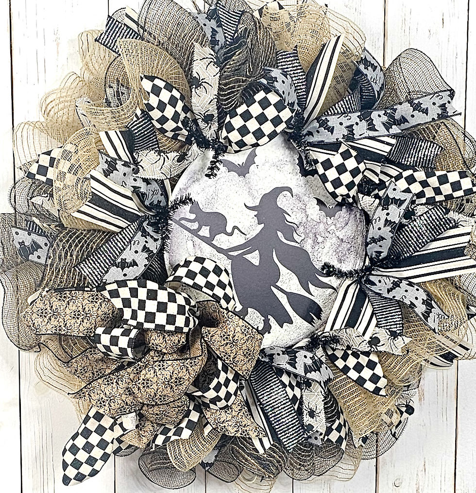 Thumbnail: Flying Witch & Cat Halloween Mesh Wreath – Neutral & Black
