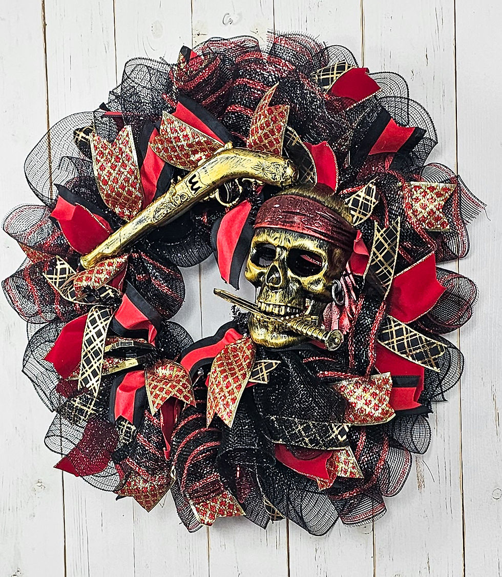 Thumbnail: Red and black Gasparilla pirate wreath with gold mask, pistol and ribbon décor by Front Door Designs