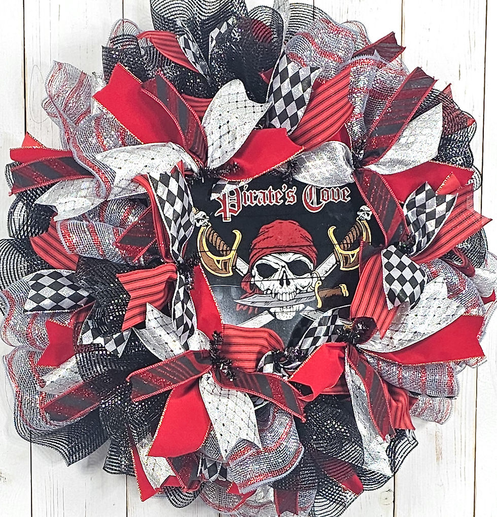 Thumbnail: Gasparilla Pirate’s Cove skull wreath with red black silver ribbons and crossed swords Tampa Bay front door decor