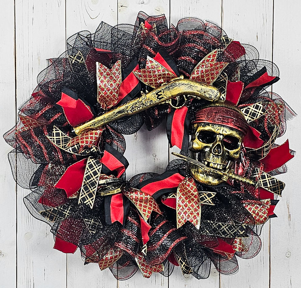 Thumbnail: Red and black Gasparilla pirate wreath with gold skull mask, pistol and ribbon décor by Front Door Designs