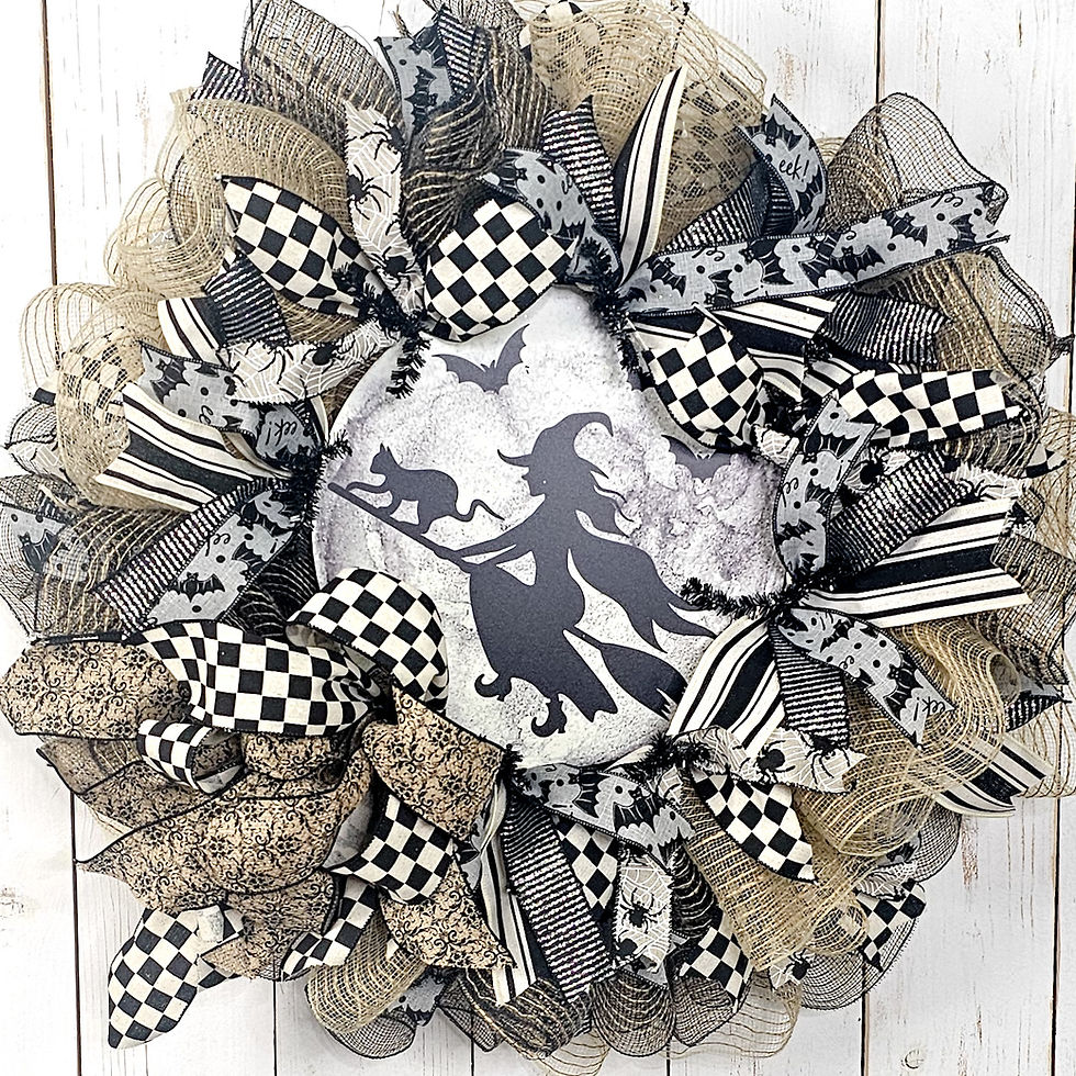 Thumbnail: Flying Witch & Cat Halloween Mesh Wreath – Neutral & Black