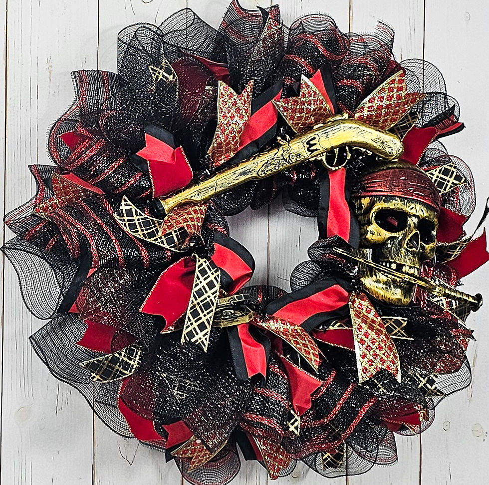 Thumbnail: Red and black Gasparilla pirate wreath with gold skull mask, pistol and ribbon décor by Front Door Designs