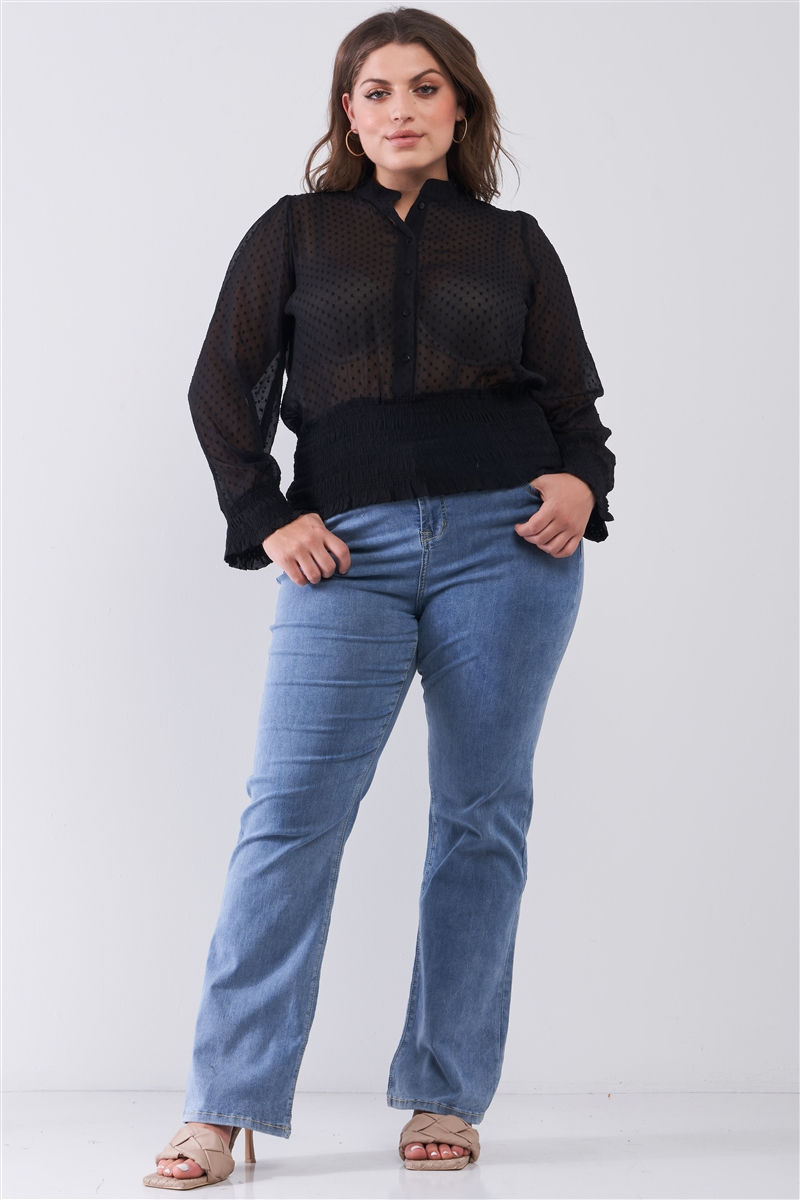 Thumbnail: Plus Size Mesh Polka Dot Balloon Sleeve Button-down Smock Detail Blouse Top