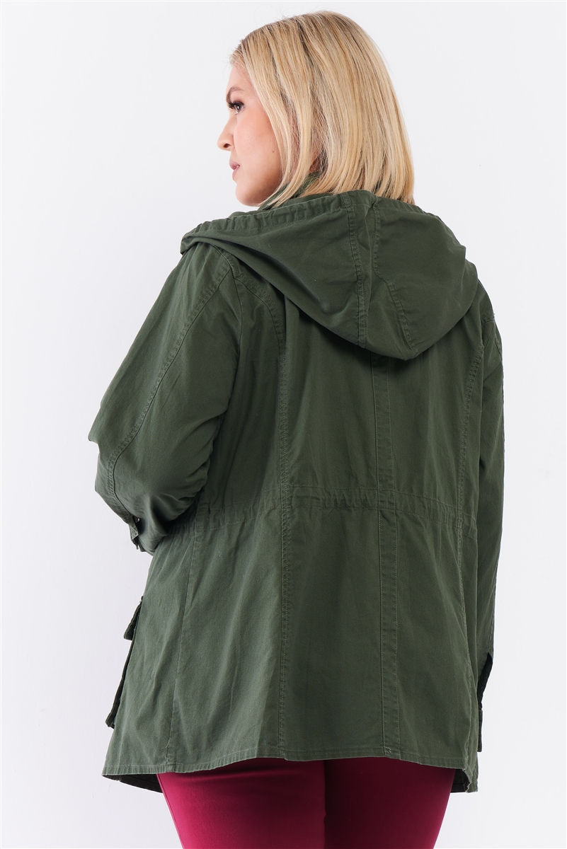 Thumbnail: Plus Olive Cotton Front Zip-up & Button Down Detachable Hood Detail Utility ...