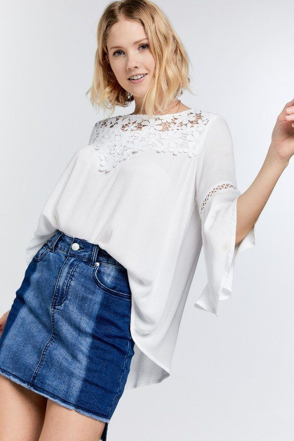 Thumbnail: Cute Floral Mesh Lace Accent Yoke Crochet Detailed Tie-back Bell Sleeve Blou...