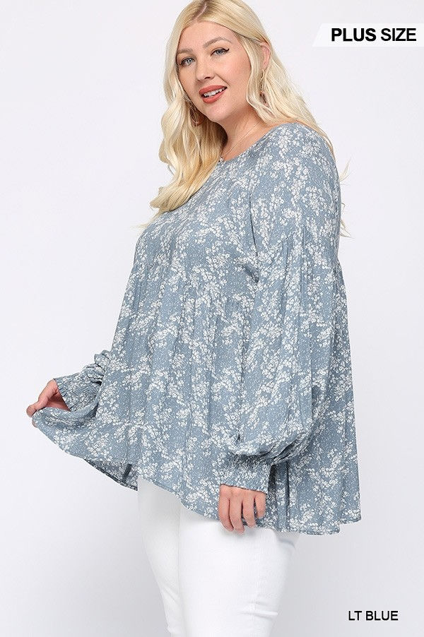 Thumbnail: Ditsy Printed And Back Tassel Tie Top With Wrist Smocking Detail