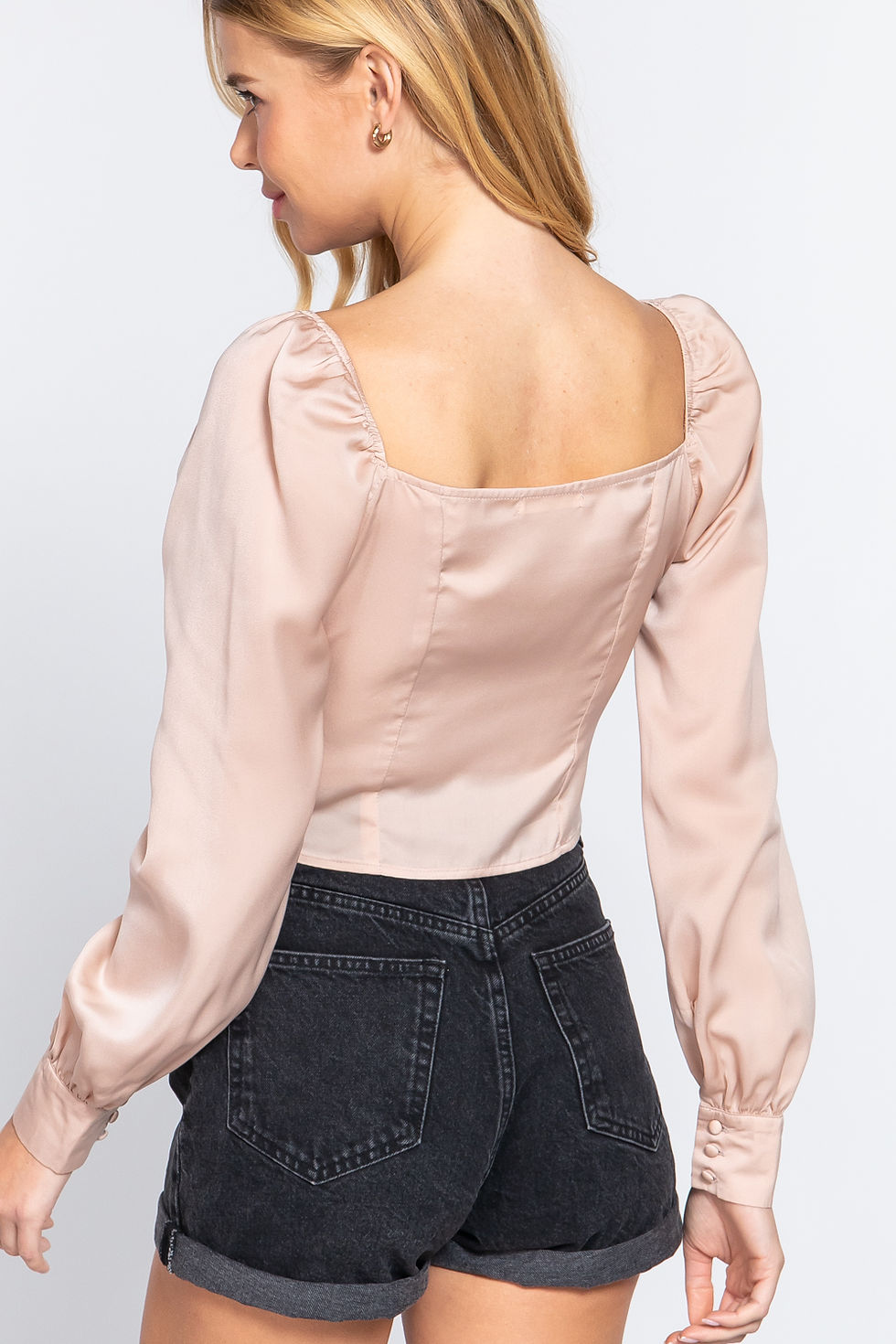Thumbnail: Long Sleeve Sweetheart Neck Front Ribbon Tie Detail Woven Top