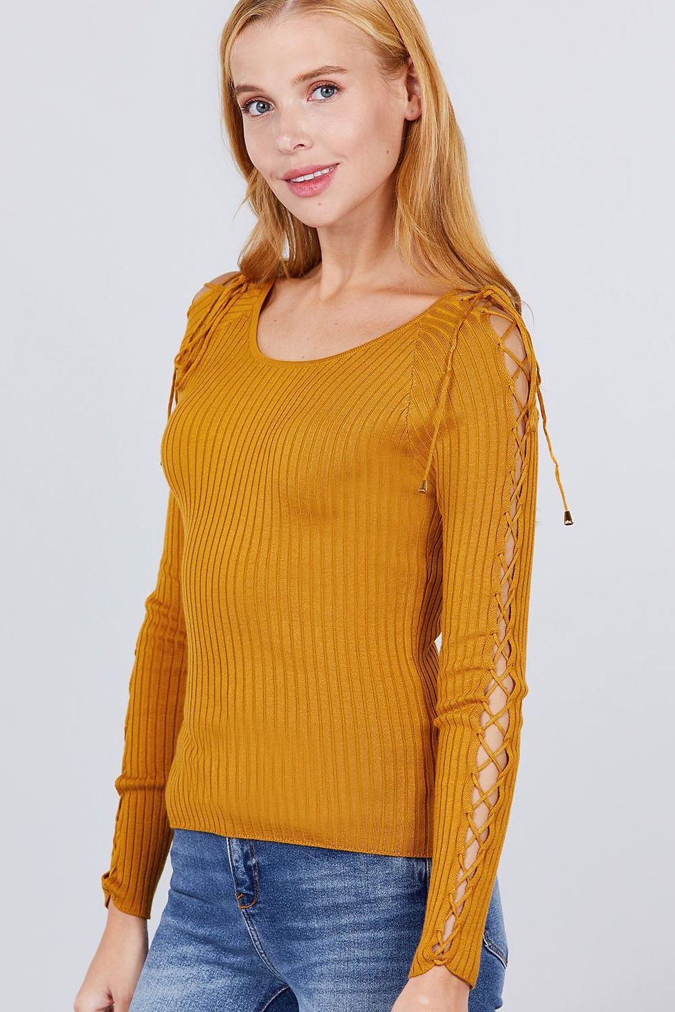 Thumbnail: Long Sleeve W/strappy Detail Round Neck Rib Sweater Top
