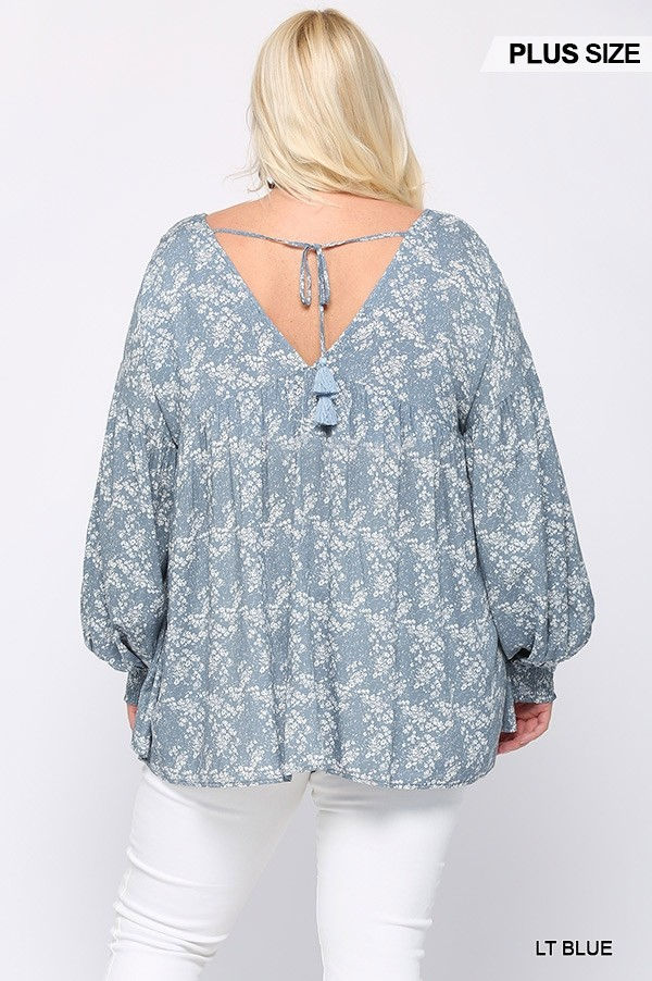 Thumbnail: Ditsy Printed And Back Tassel Tie Top With Wrist Smocking Detail
