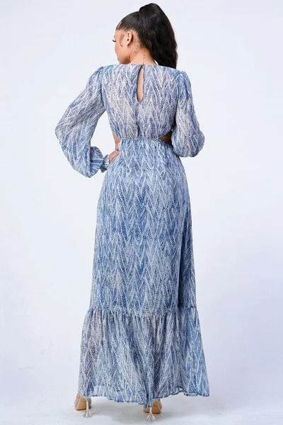 Thumbnail: Printed V Neck Self Belted Side Cut Out Ruffled Maxi Dress