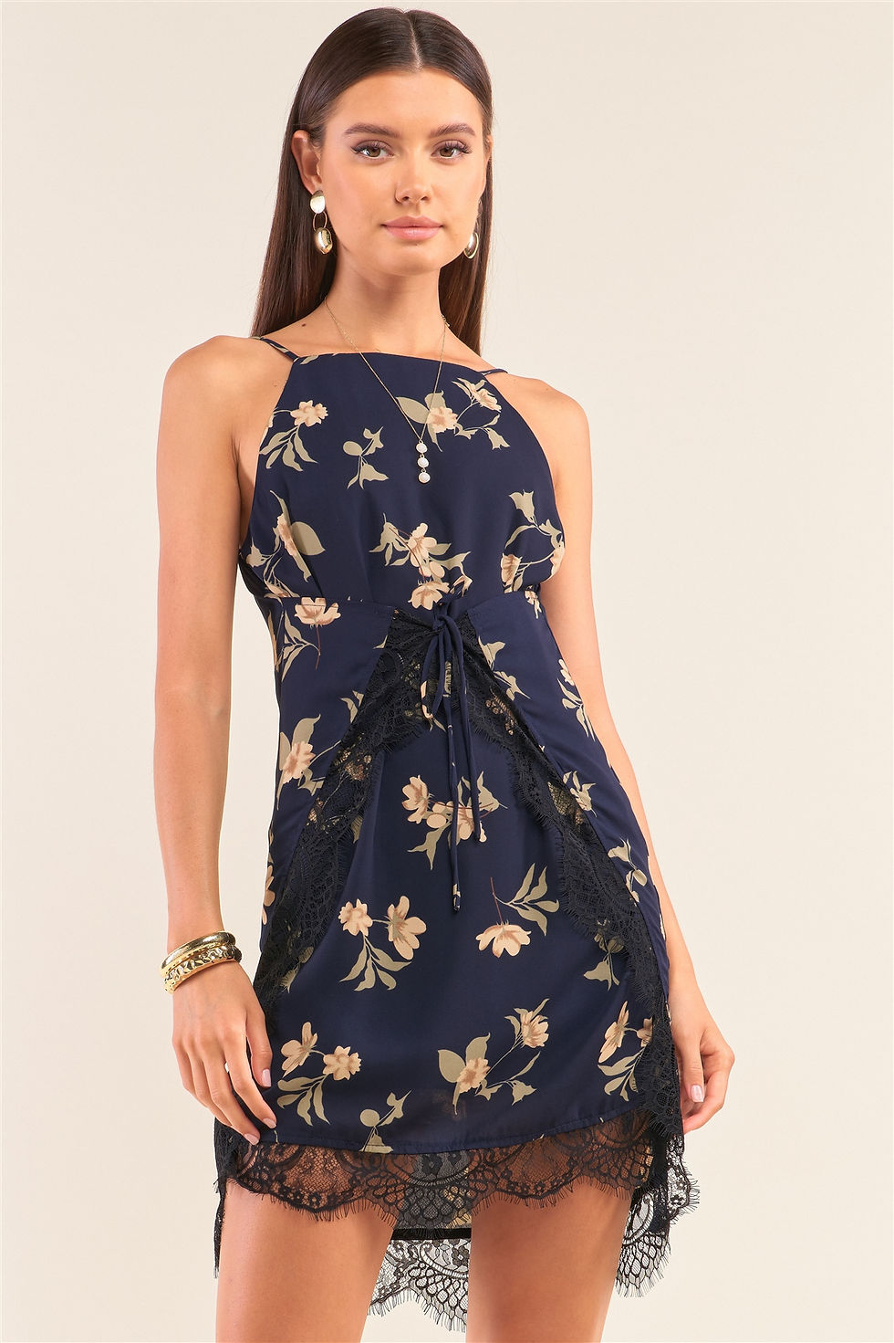 Thumbnail: Navy Multi Floral Halter Neck Sleeveless Front Self-tie Lace Trim Slip Mini ...