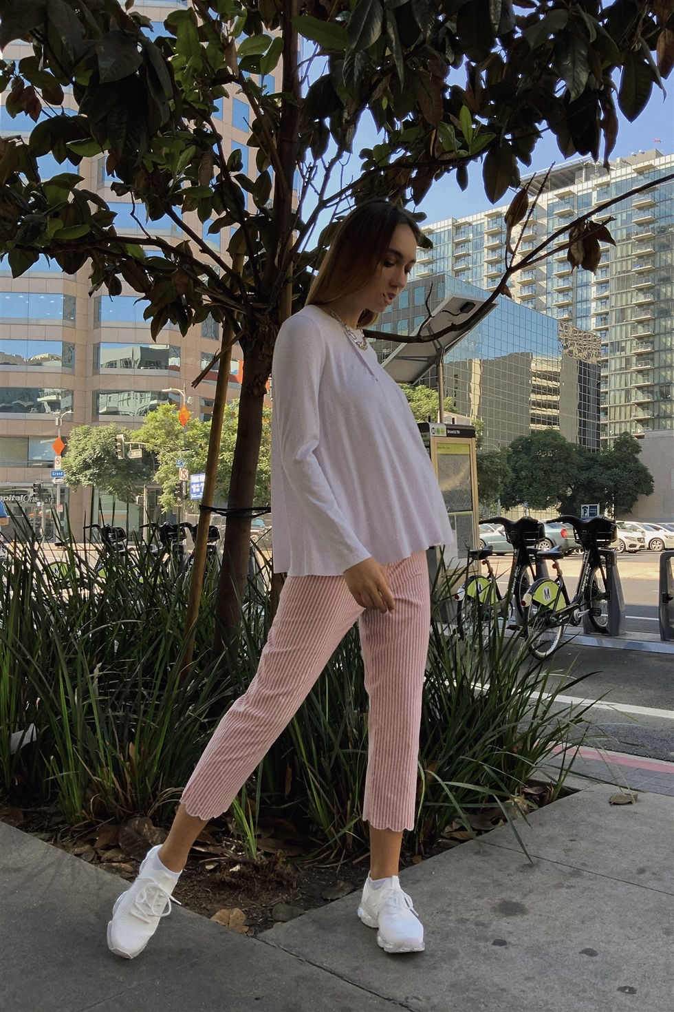 Thumbnail: Red & White Striped High Waist Scalloped Hem Summer Capri Pants