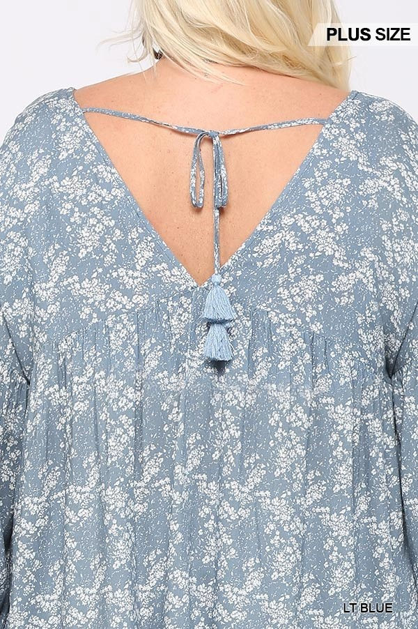 Thumbnail: Ditsy Printed And Back Tassel Tie Top With Wrist Smocking Detail