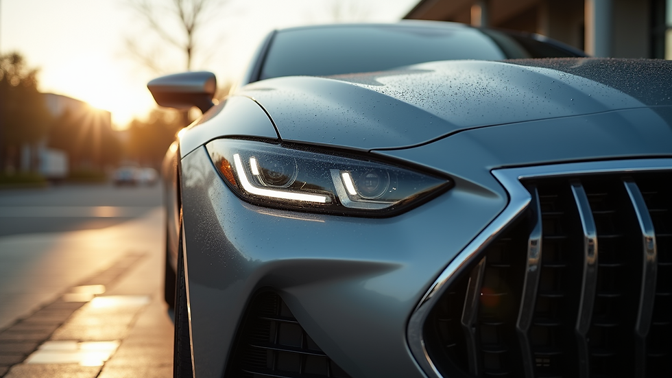 Eye-level view of a luxury car being detailed outdoors