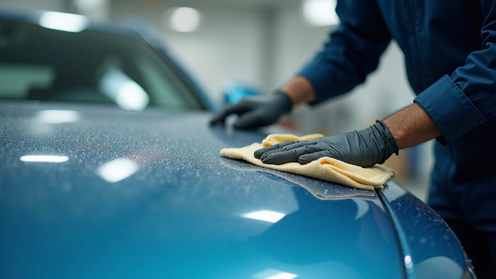 Close-up view of a professional applying wax to a car hood
