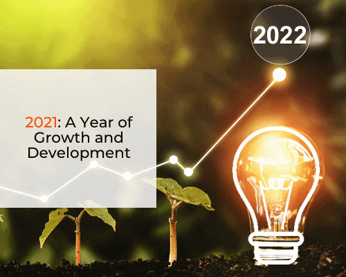 A light bulb flashing with a line graph next to two shoots, leading to a circle with the text "2022" to celebrate the past year