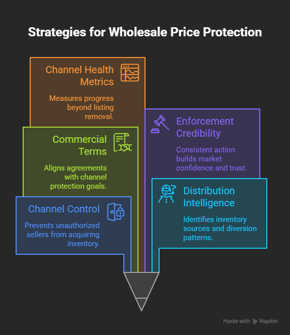Infographic titled “Strategies for Wholesale Price Protection” showing five interconnected pillars: Channel Control, Commercial Terms, Channel Health Metrics, Enforcement Credibility, and Distribution Intelligence, all feeding into a central downward arrow.