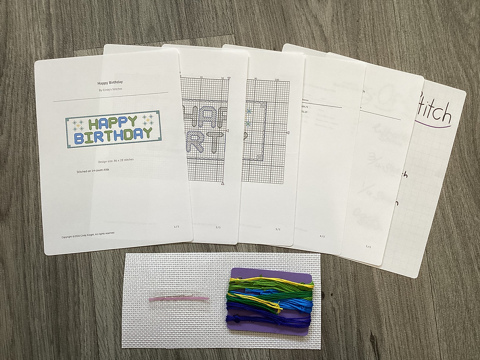 Happy Birthday cross stitch kit with patterns, fabric, and threads