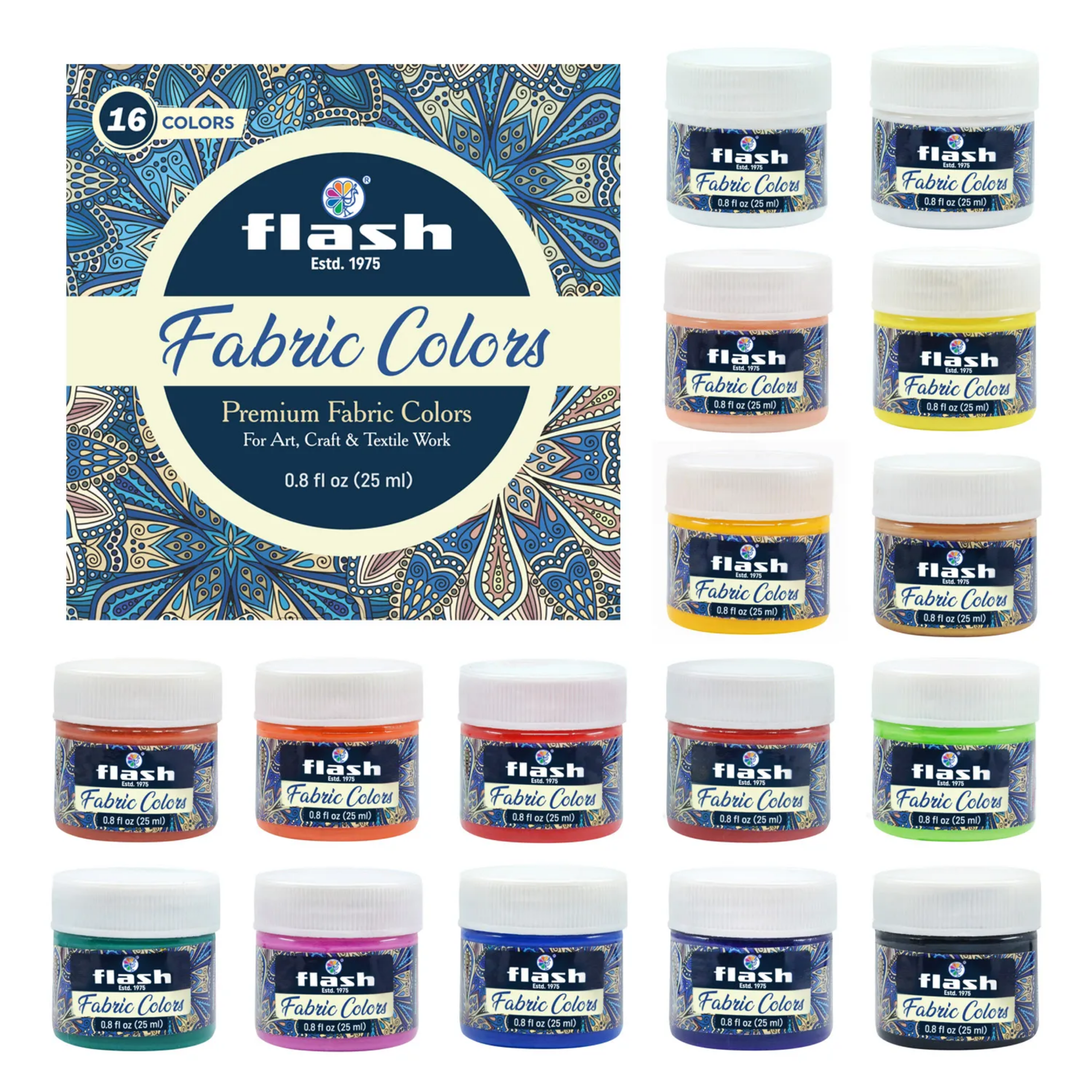 FLASH Fabric Colour Set | 16 Colors | 25 ml Each (25 ml x 16 Shades)