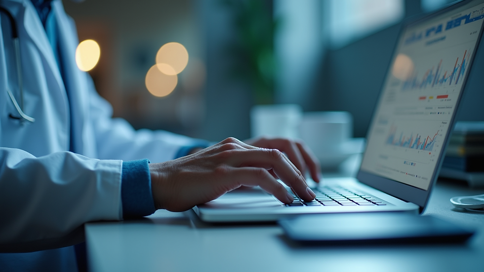 Close-up view of a clinical researcher analyzing data on a laptop