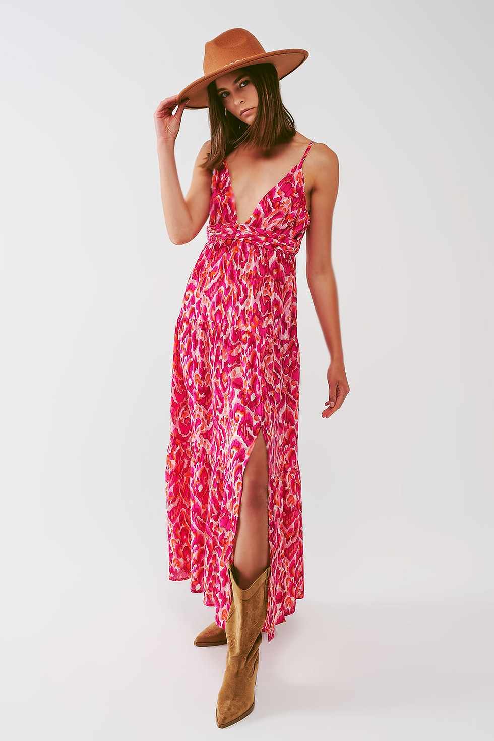Thumbnail: Floral Print Maxi Dress With v Neck in Pink